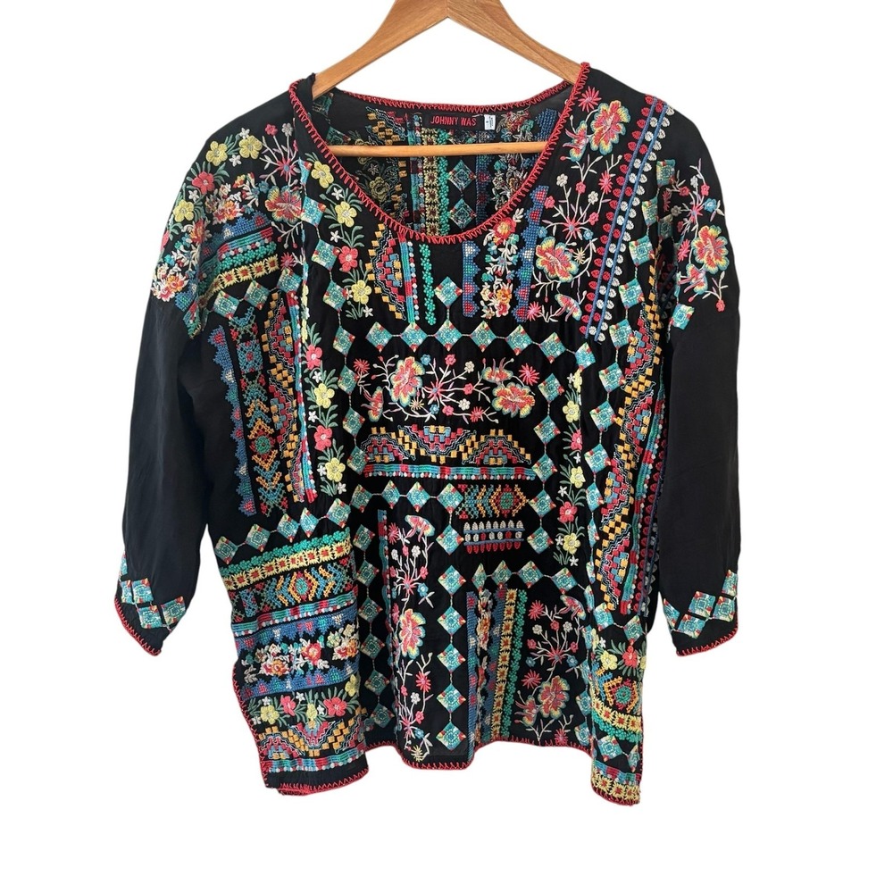 Johnny Was Embroidered Tunic Top Womens S Black Boho Floral 3/4‎ Sleeve Cupro